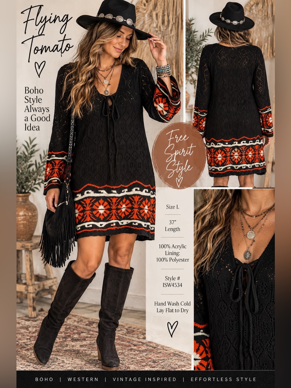 Flying Tomato Boho Open Knit Sweater Dress Black Orange Size L
